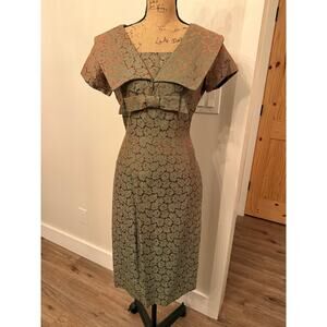 Vtg 1950s Atomic Era Brocade Sheath Dress Sage & Copper Floral MCM Cocktail Midi